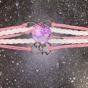 Pink Faux Leather Bracelet w Antique Goldtone &Alcohol Ink Art Under Domed Glass